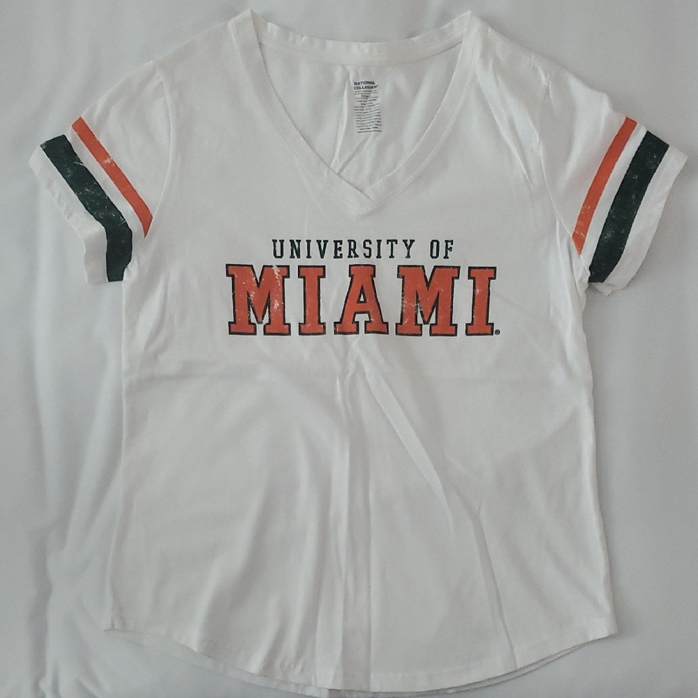University of Miami Women's V-Neck Tee - White with Orange and Green Accents